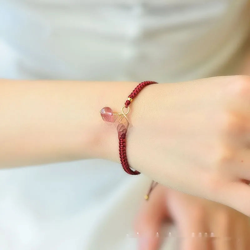 Women's natural strawberry quartz cherry bracelet with crystal fruit charms