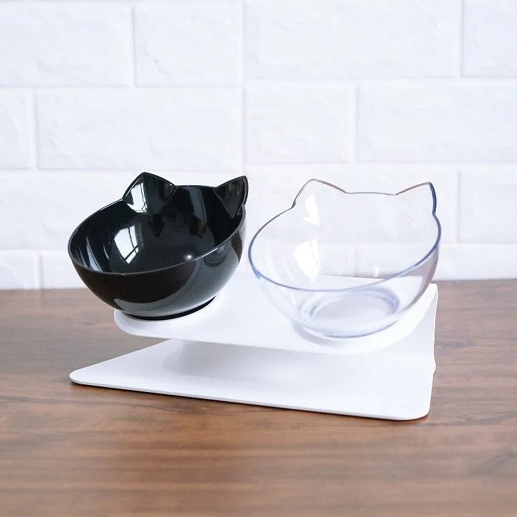 Transparent cat head double bowl feeder with 15° tilted design and anti-skid base for cats and dogs