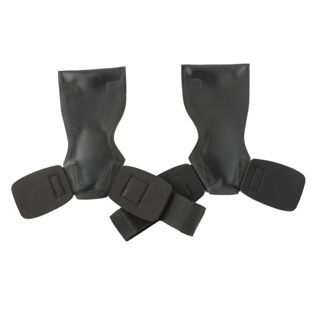 Black rubber palm protector with an assist strap for weightlifting and rock climbing.