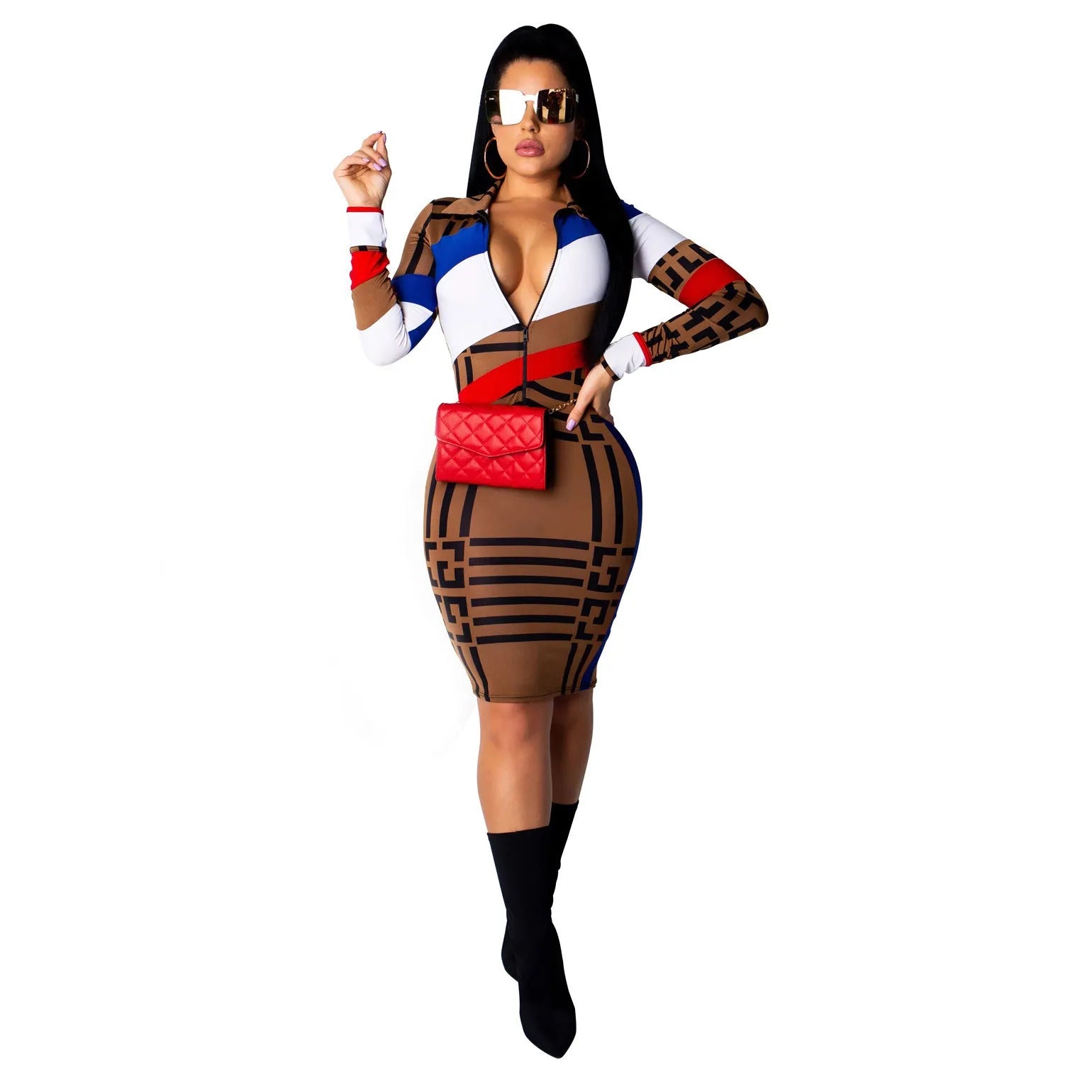 Multicolor mosaic geometry pattern long sleeve printed dress with zipper closure on a woman against a white background.