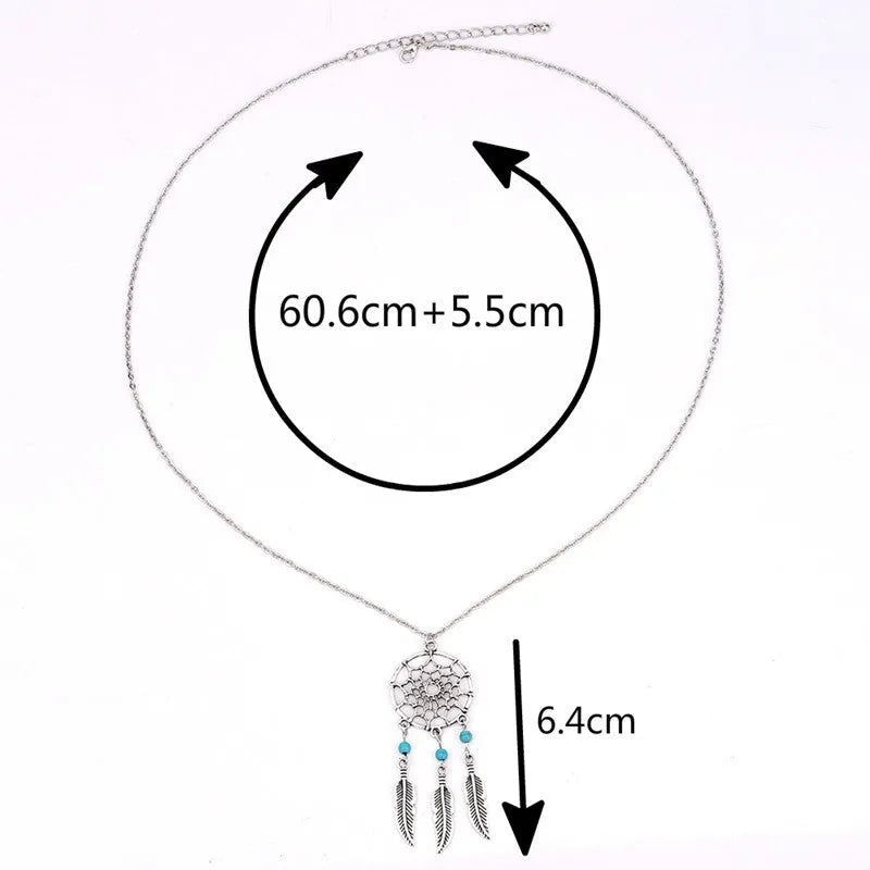 Silver-tone dream catcher feather pendant necklace with woven hoop, turquoise bead, and 46cm chain