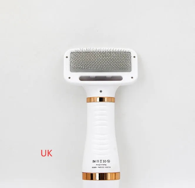 2-in-1 gold pet drying brush with comb, 304 stainless steel needles, rotating head, and UK plug