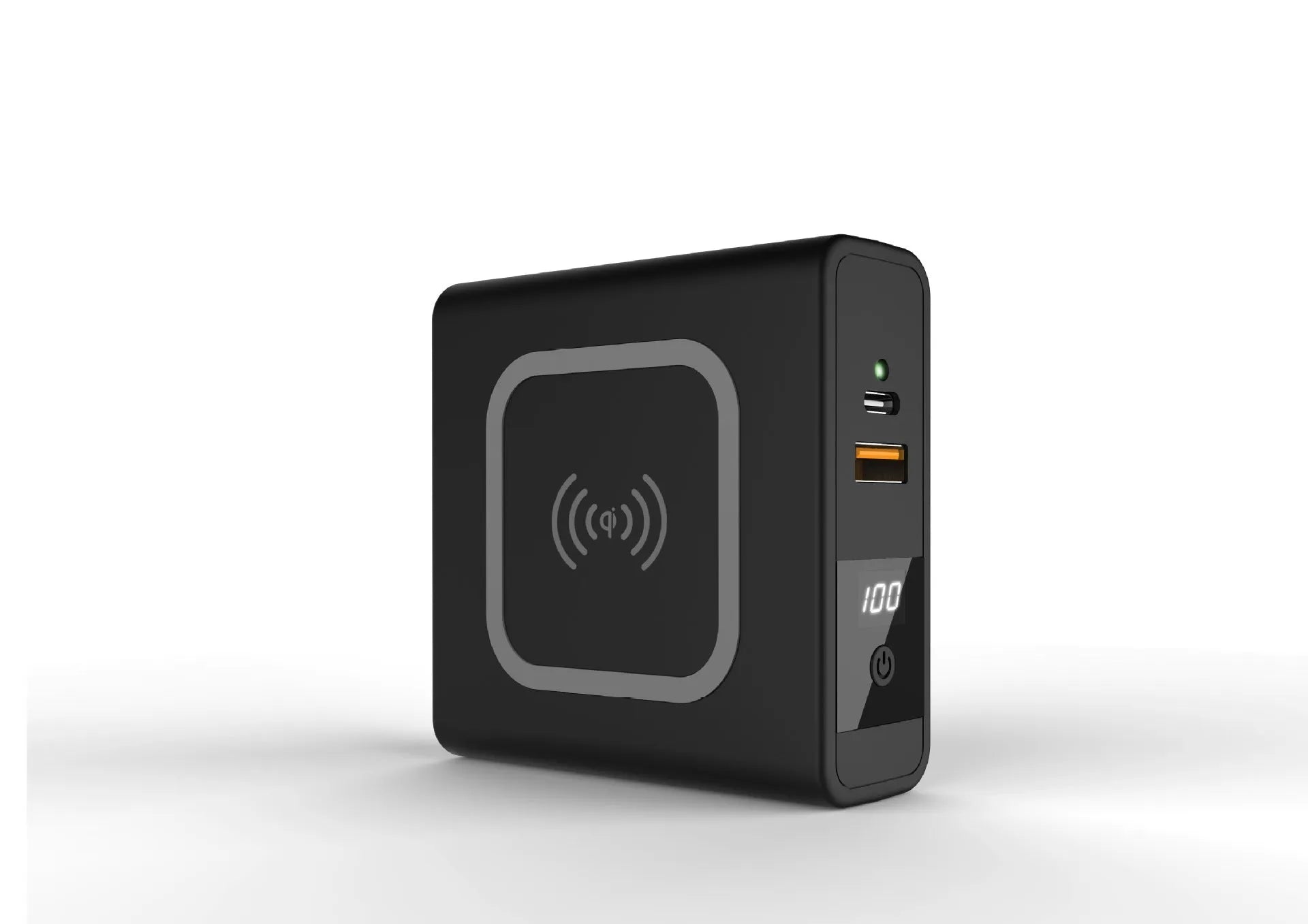 Super QI Power Bank with folding international plug in black, showing wireless charging surface and USB-C port.