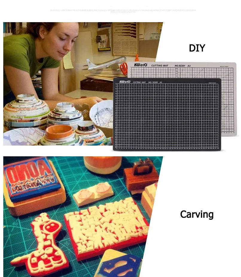 A3 sized green self-healing cutting mat with centimetre grid lines, shown on a desk with a craft knife.