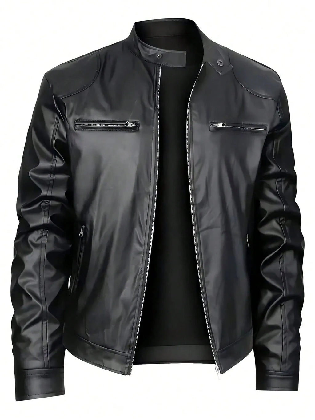 Men's black stand-up collar leather jacket, business casual style, available in L, M, S, XL, XXL