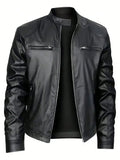 Men's black stand-up collar leather jacket, business casual style, available in L, M, S, XL, XXL