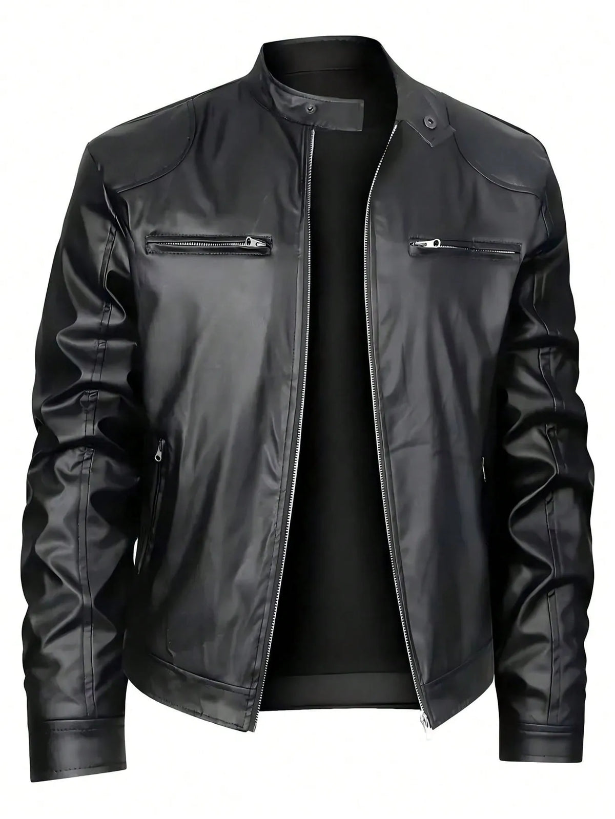 Men's black stand-up collar leather jacket, business casual style, available in L, M, S, XL, XXL