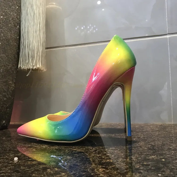 Rainbow patent leather women's high heel shoes with pointed toe and thin heel.