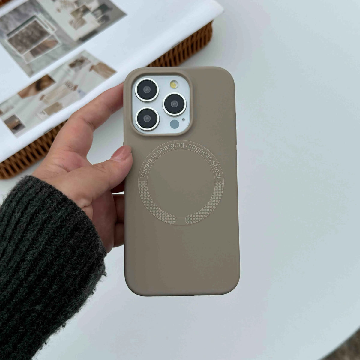 Liquid silicone magnetic phone case for iPhone with drop-resistant protective cover, available in antique white and other colours