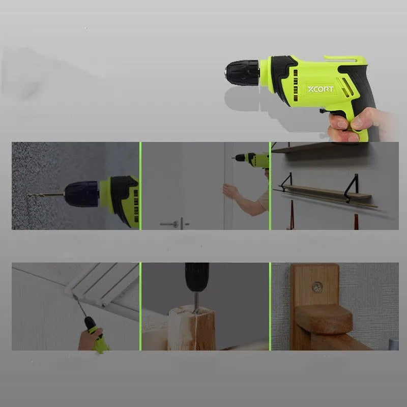 A black pistol-grip electric drill with a 10mm chuck, shown on a workbench.