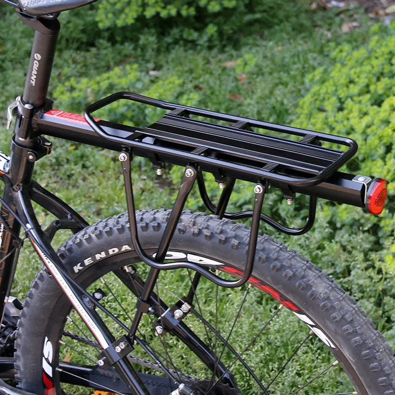 Black aluminium bicycle quick release shelf attached to seatpost with hex screws, adjustable for 20-29 inch bikes