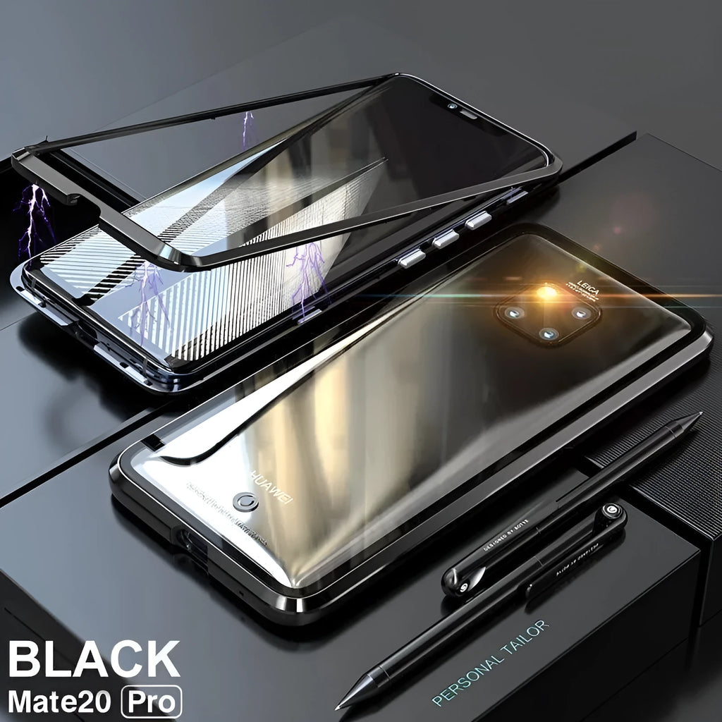 Black magnetic phone case for Huawei with metal frame and clear tempered glass back.