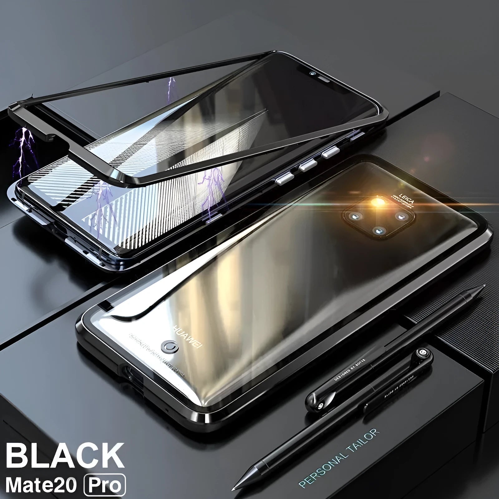 Black magnetic phone case for Huawei with metal frame and clear tempered glass back.