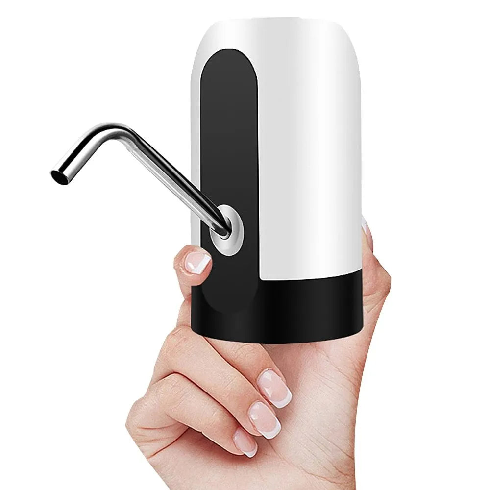 Automatic electric water bottle pump with blue light, USB cord, and black finish on a 5L bottle