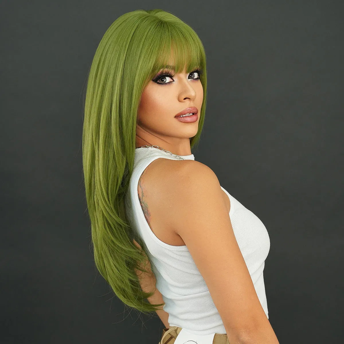 Vanilla green straight women's wig measuring 63cm long with bangs