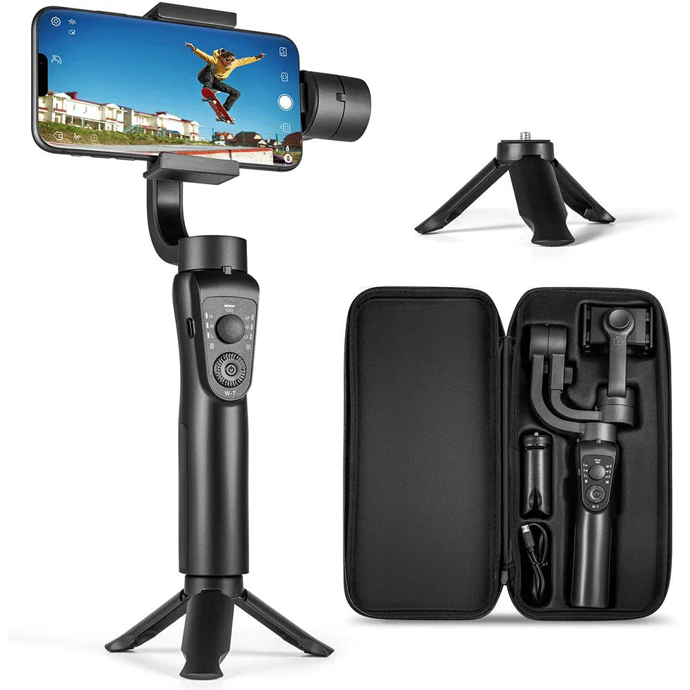 Black three-axis handheld smartphone gimbal stabiliser on a tripod with a hard case.
