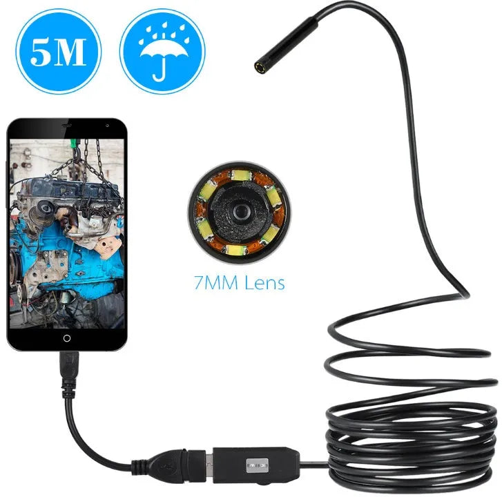 OWSOO USB endoscope camera with 7mm lens, 5m cable, hook, magnet, and side mirror accessories for phone and PC inspections.
