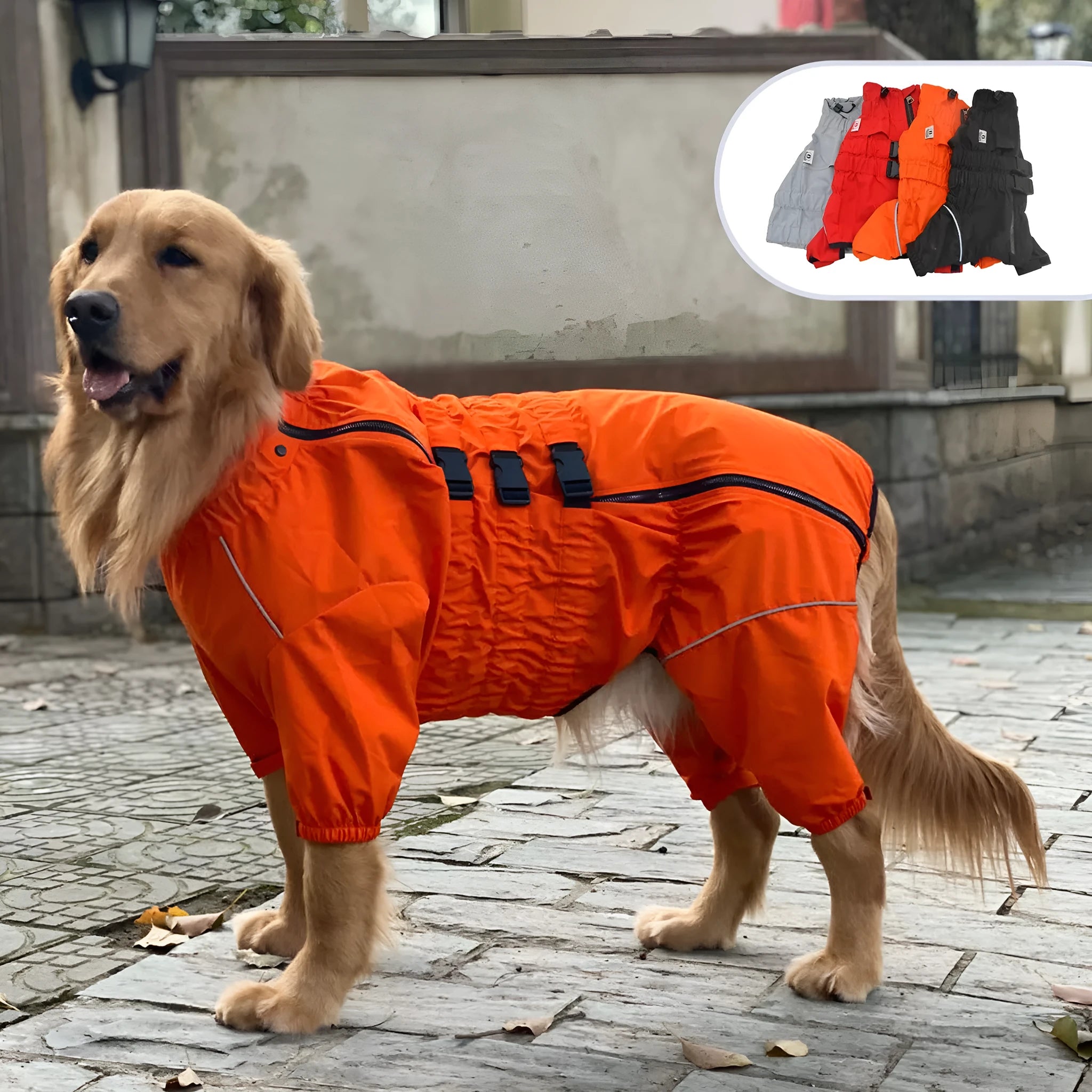 Outdoor four legged dog raincoat in polyester, black colour, on a dog standing in wet grass