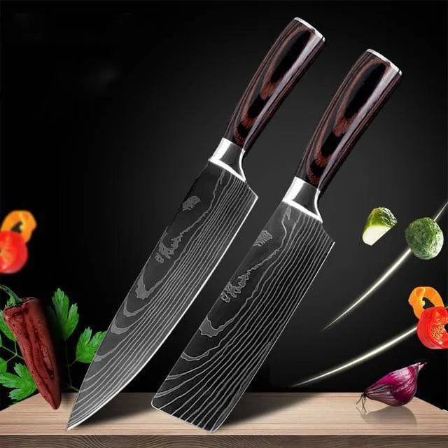 7Cr17 stainless steel kitchen knife with laser Damascus pattern on blade and colour steel handle.