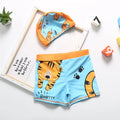 Cartoon dinosaur swimming trunks set for boys in light blue, dark blue, and orange colours