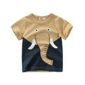 Children's organic cotton t-shirt with animal print in green lion, grey giraffe, or khaki elephant design
