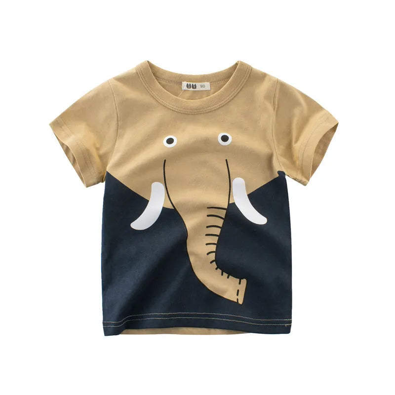 Children's organic cotton t-shirt with animal print in green lion, grey giraffe, or khaki elephant design