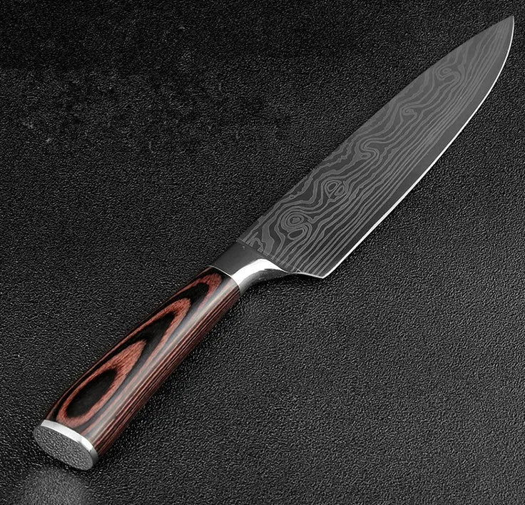 7Cr17 stainless steel kitchen knife with laser Damascus pattern on blade and colour steel handle.