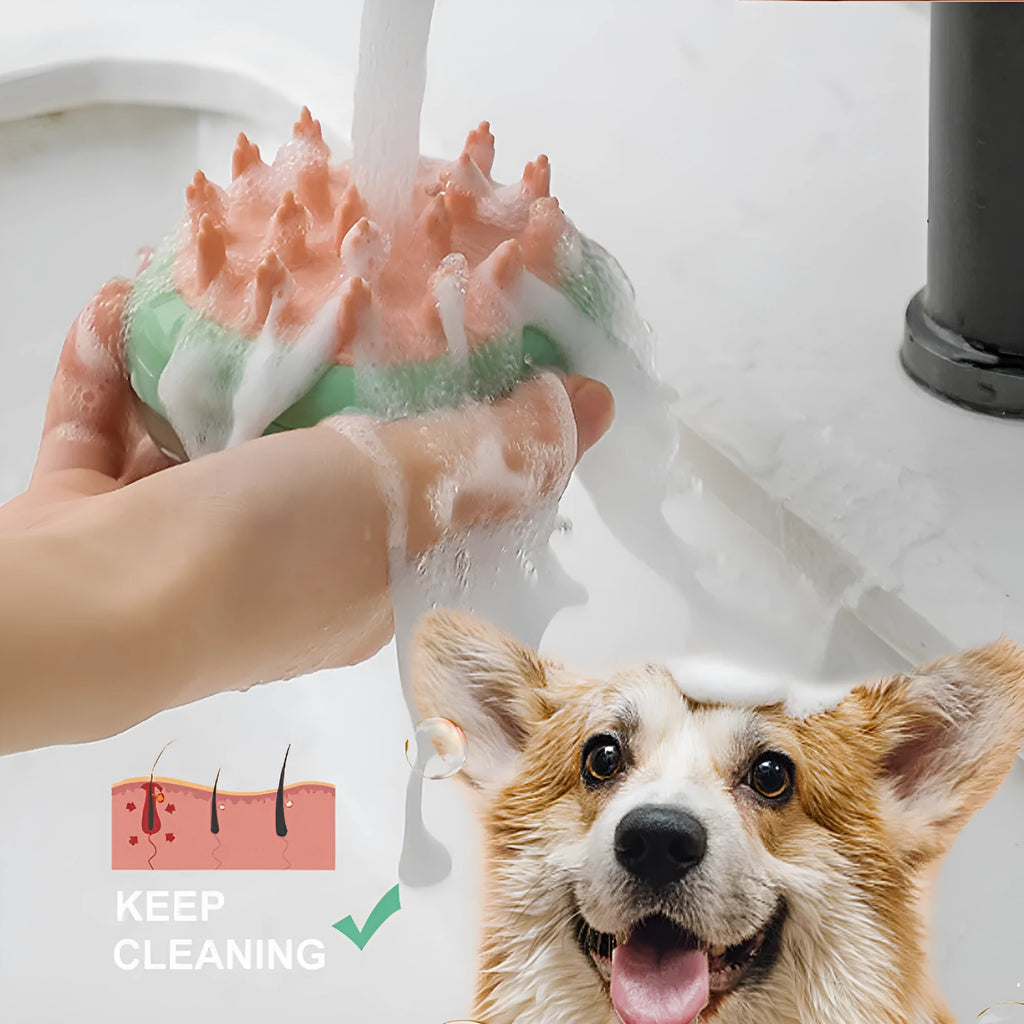Blue 2-in-1 pet grooming brush with shampoo dispenser for bathing cats and dogs