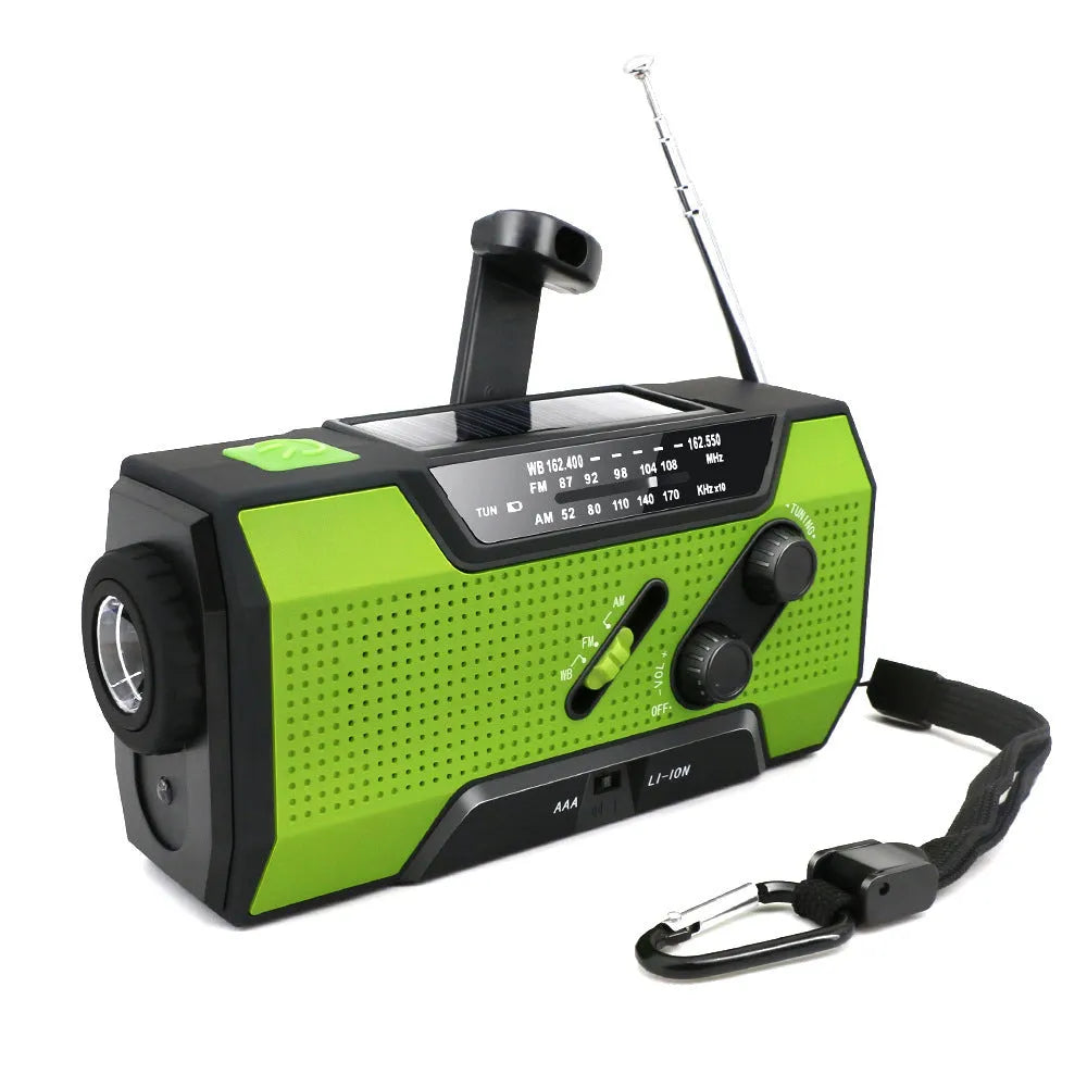 Pocket solar radio in engineering plastic, waterproof, solar charging, available in green, red, white, and yellow.