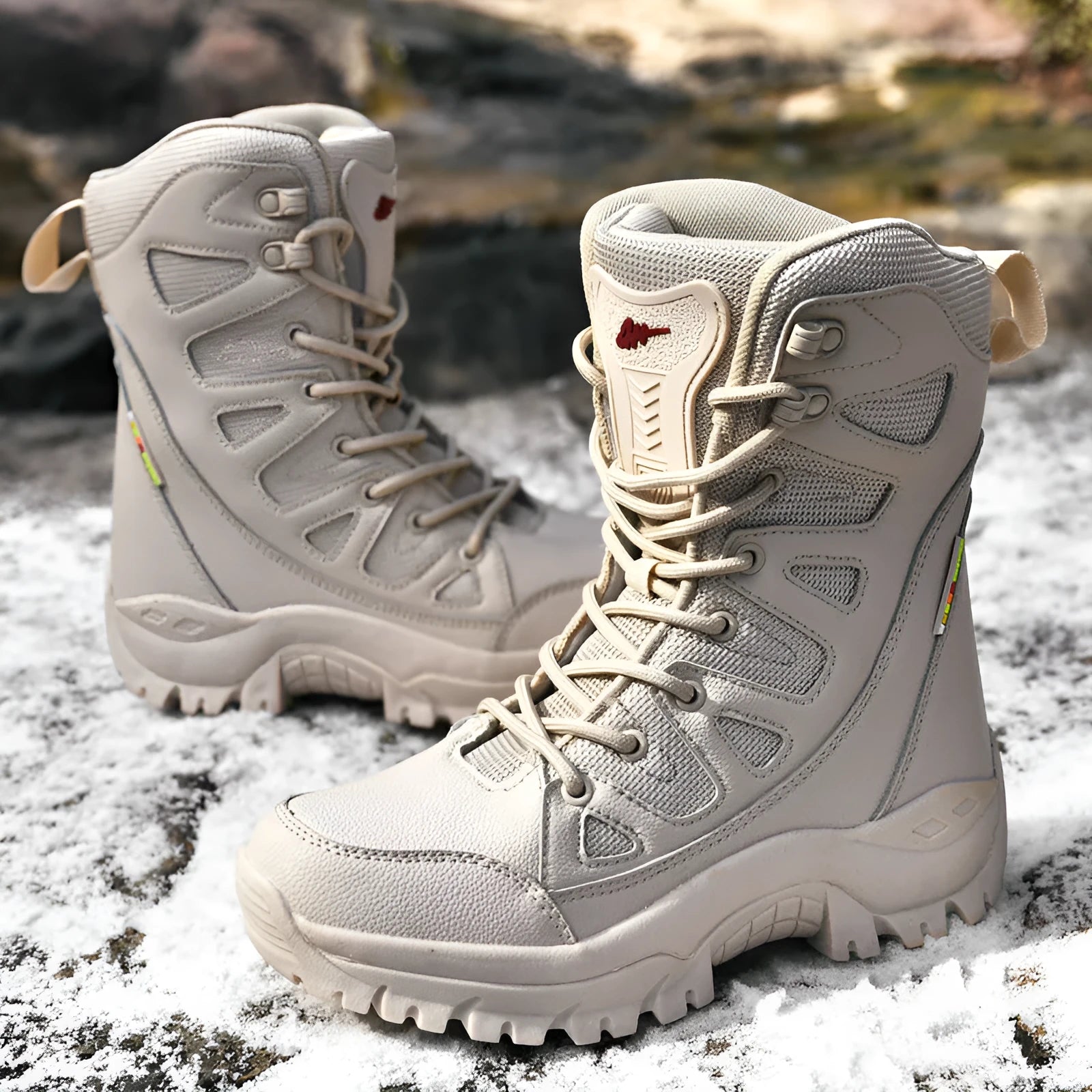 Cowhide leather hi-top hiking shoes in black brown beige colours for outdoor activities