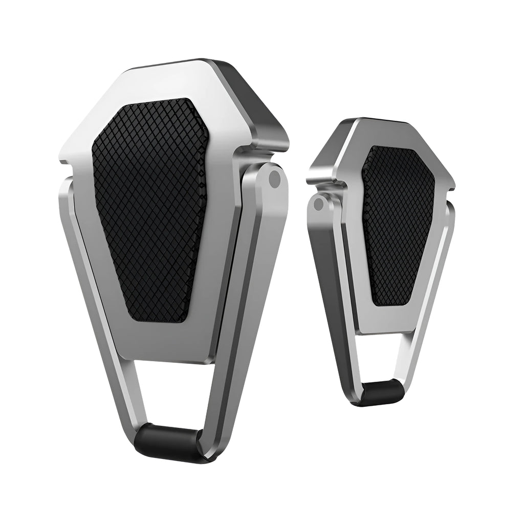 Two black and silver zinc alloy metal foldable tablet computer cooling brackets on a desk, 4.8cm size