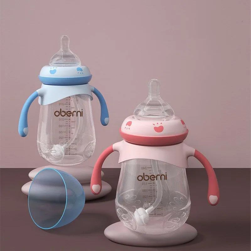 Blue wide caliber baby bottle with handles showing 240ml capacity marking