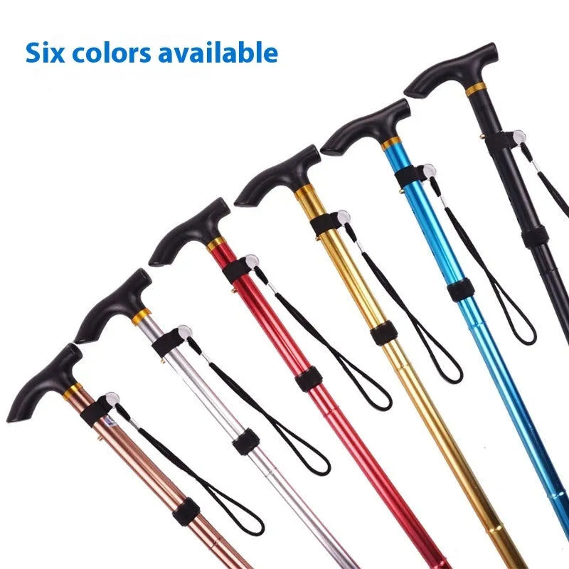 Aluminium alloy folding walking cane extended and folded, showing adjustable length and non-slip handle.