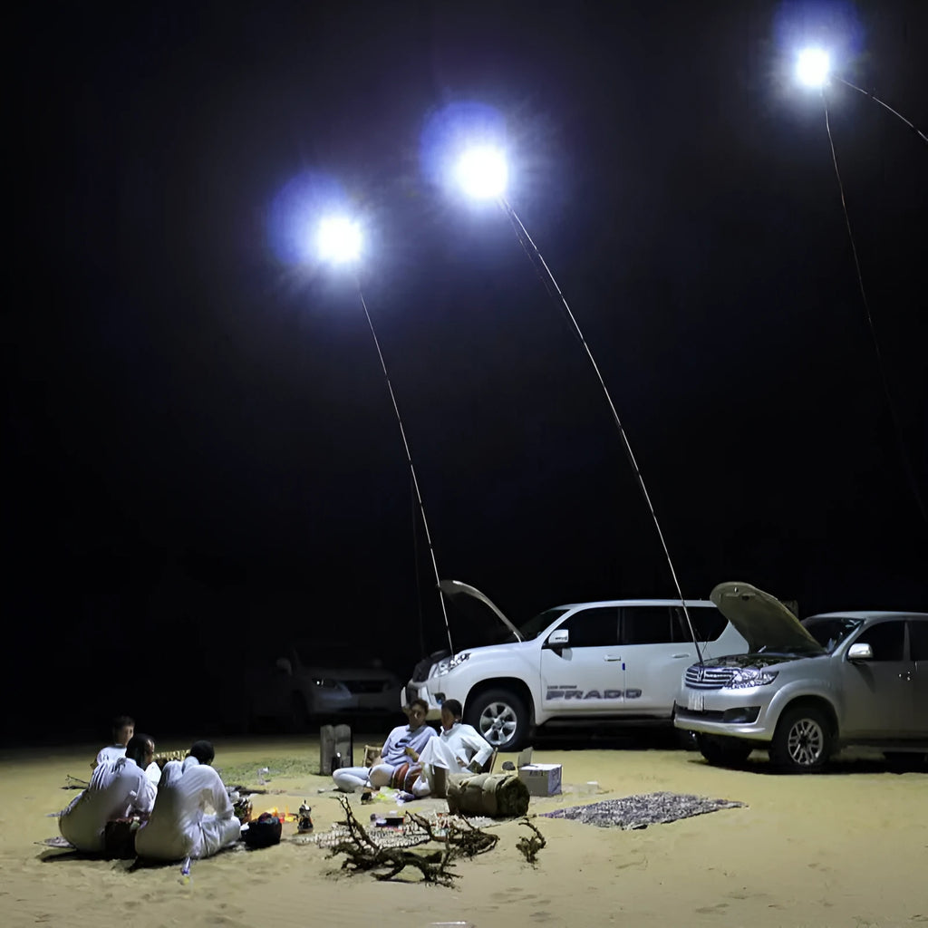 White LED fishing rod light with remote control on telescopic pole for night fishing and outdoor lighting