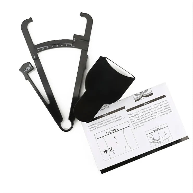 Black body fat caliper skinfold measurement tool with 0-70mm gauge and two fabric measuring tapes.