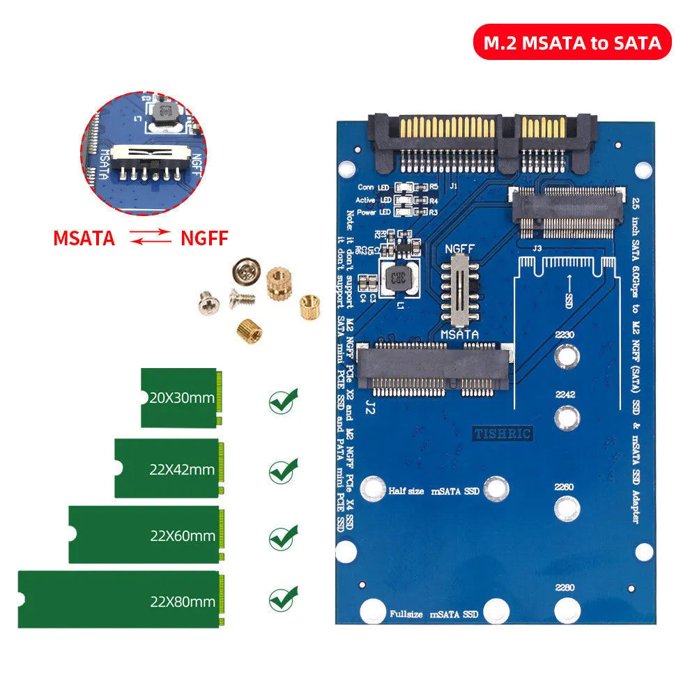 SATA3 to M.2 NGFF mSATA SSD adapter conversion card on a blue background.