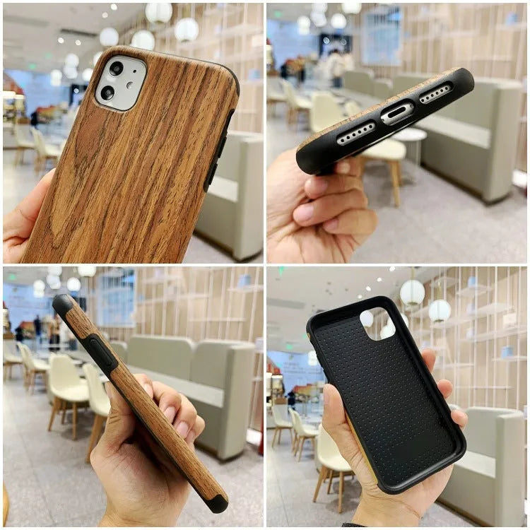 A natural wooden mobile phone case for iPhone, shown in rosewood colour on a table.