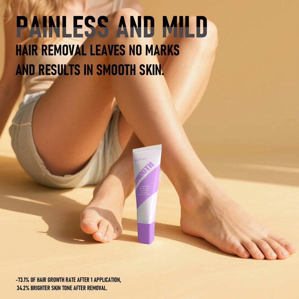 PHOFAY pain-free hair removal cream tube with included applicator scraper tool on white background
