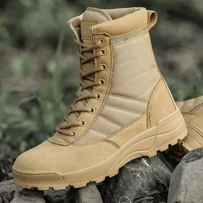 Men's microfiber leather desert combat boots in black and sand for hiking and outdoor sports