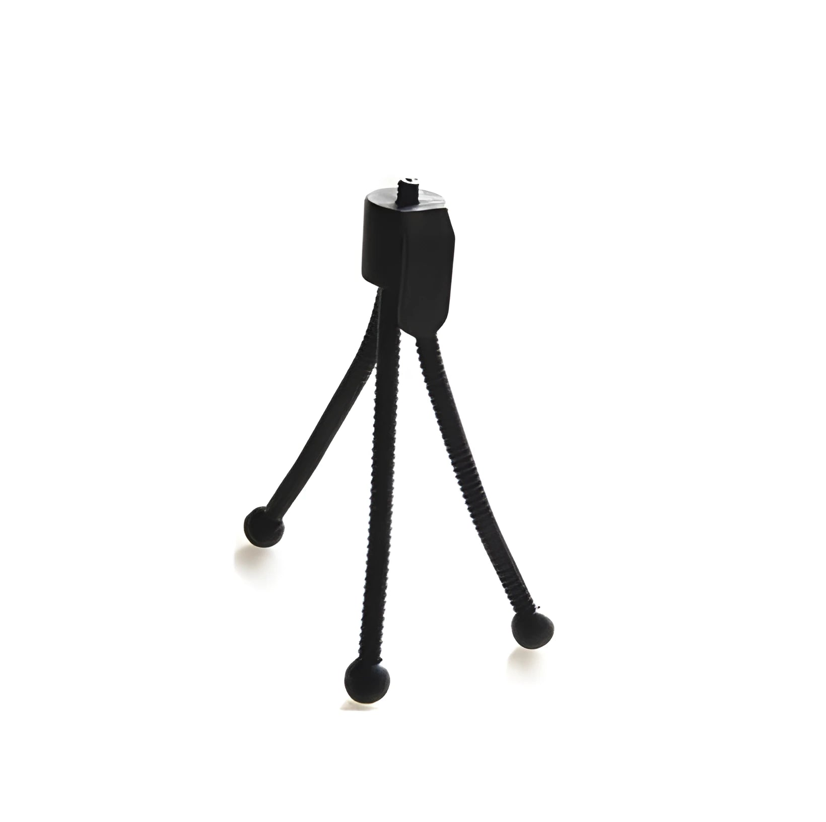 Silver iron mini desktop tripod with folded legs and a black universal ball head mount.