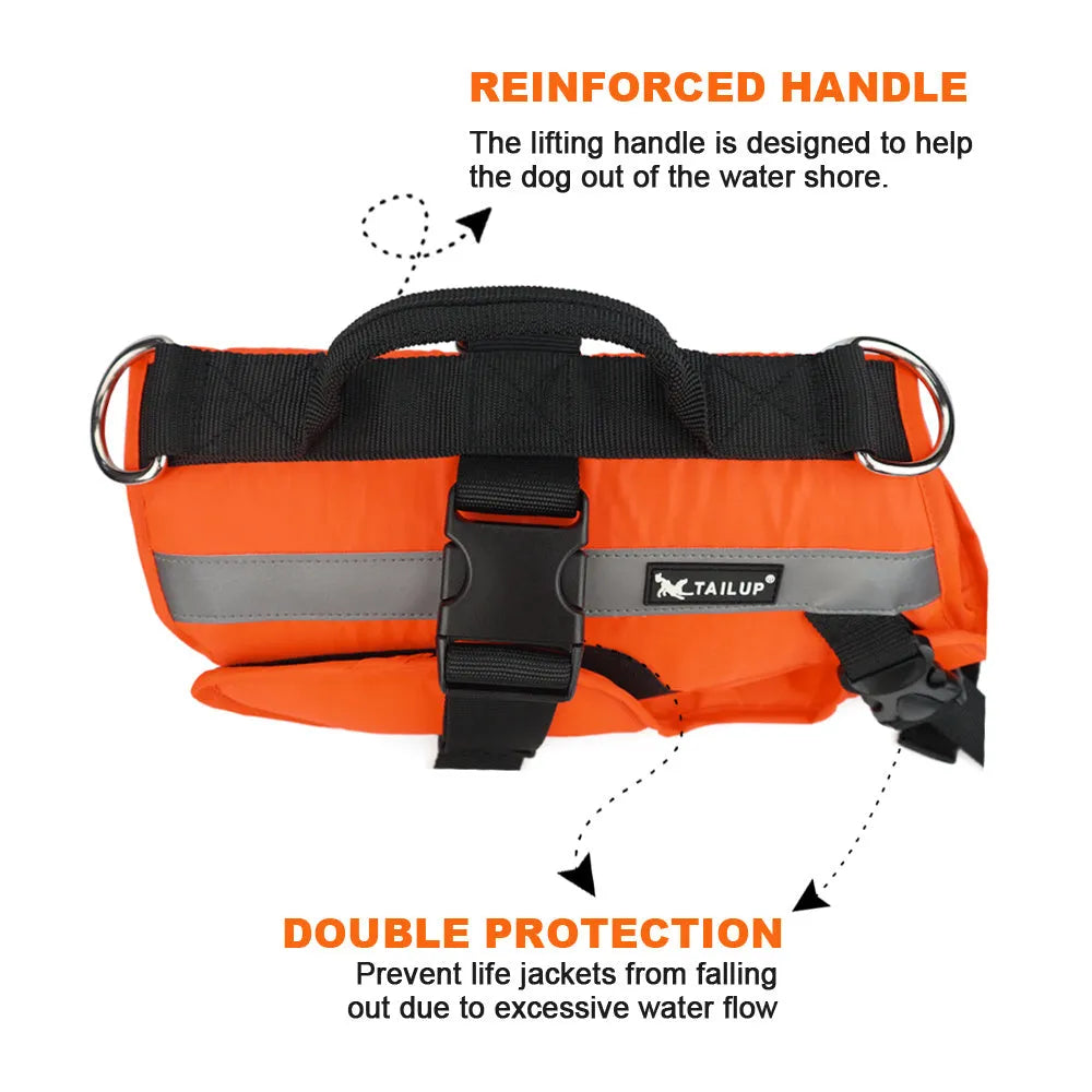 Reflective orange dog life jacket vest with double-layer buoyancy and Velcro fastening on green grass