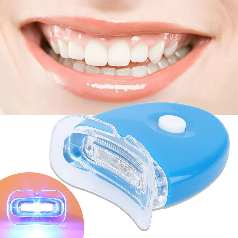 LED teeth whitening kit with wide edge tray and buckle denture system, available in blue, white, or red