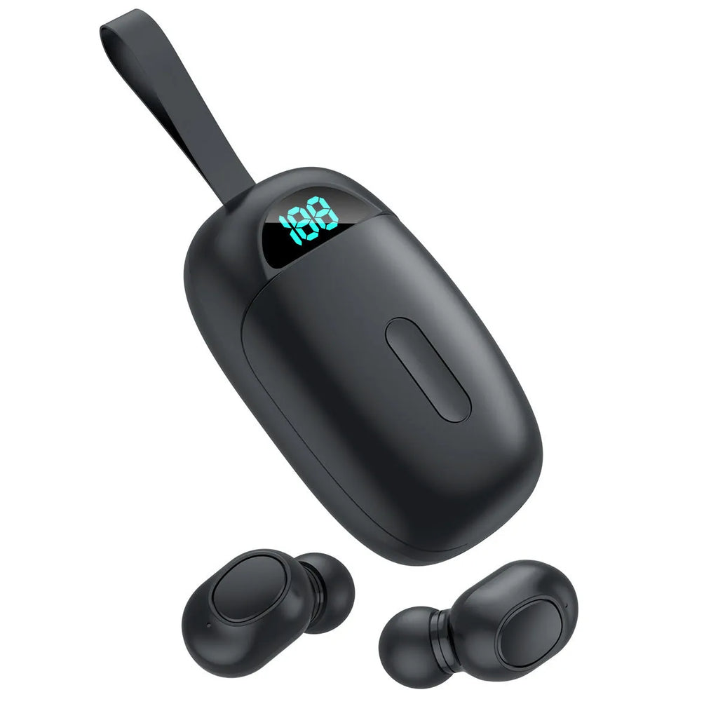 Black JS25 True Wireless Stereo Bluetooth headset with earbuds and charging case on a white background.