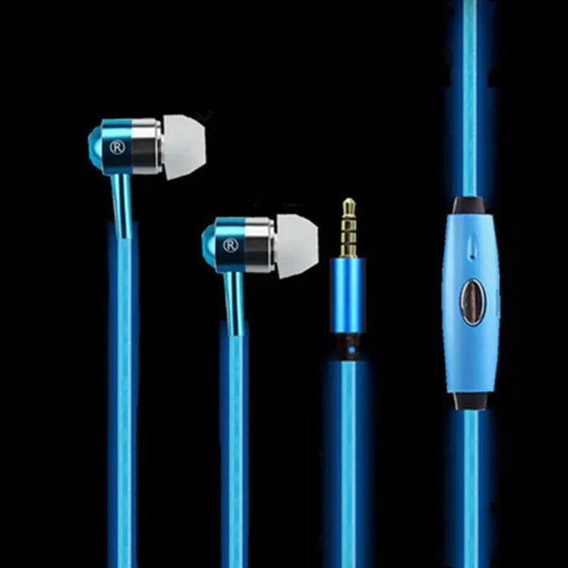 Blue wired LED light-up earphones with 3.5mm plug and inline remote control on a dark background.