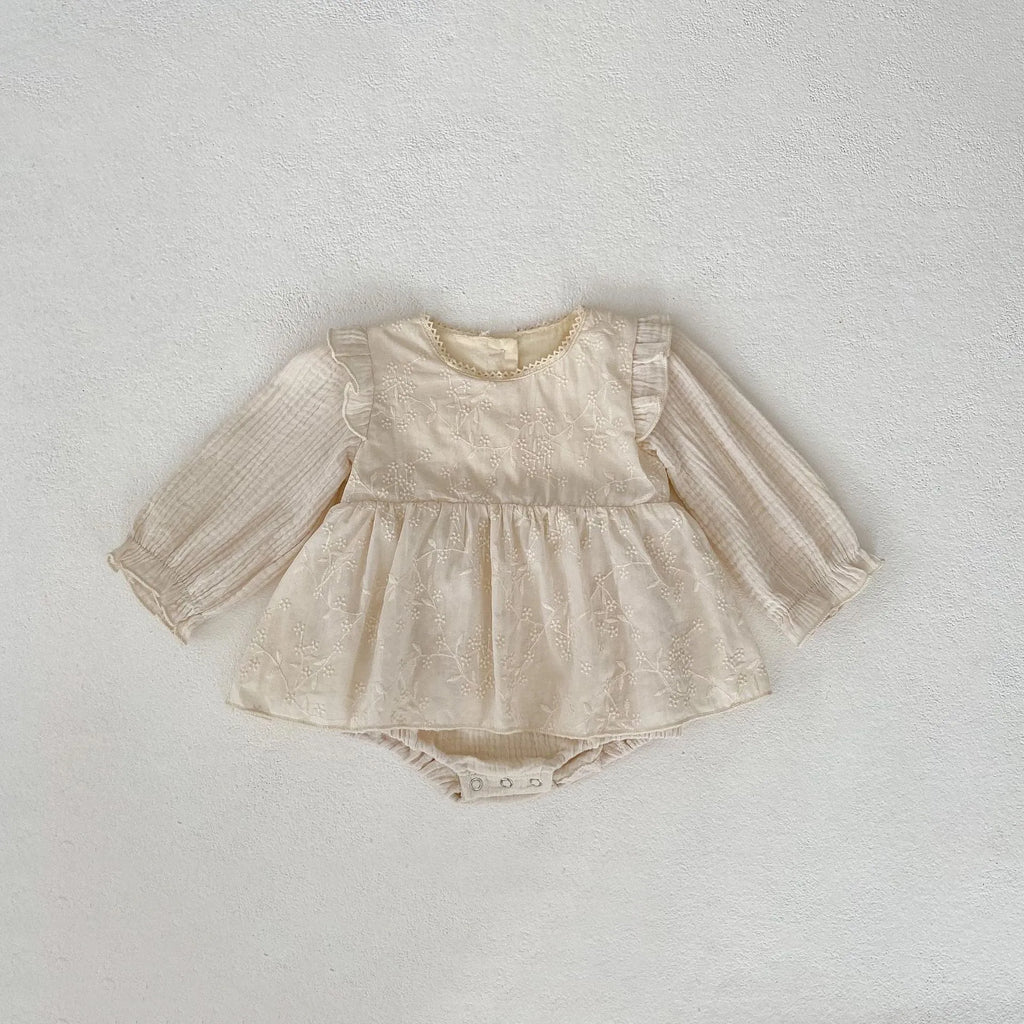 Apricot cotton baby jumpsuit with long sleeves, embroidery and lace, triangle style for spring autumn, sizes 66cm to 90cm