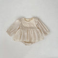 Apricot cotton baby jumpsuit with long sleeves, embroidery and lace, triangle style for spring autumn, sizes 66cm to 90cm