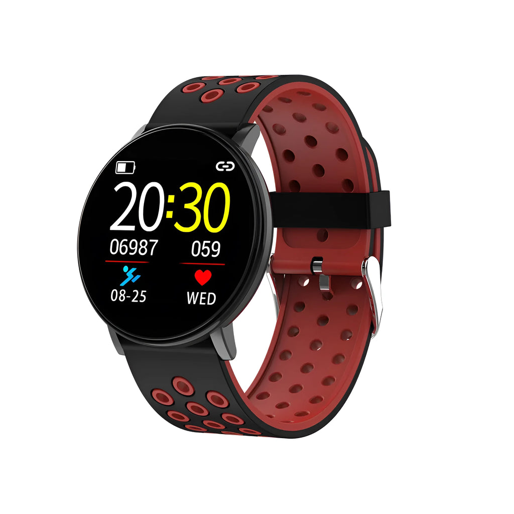 Sports smart bracelet with 1.3 inch screen and silicone strap in black colour option on white background