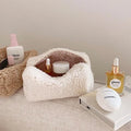 Teddy plush lambswool cosmetic bag 12x17x9.5cm in solid colour Japanese style for makeup storage