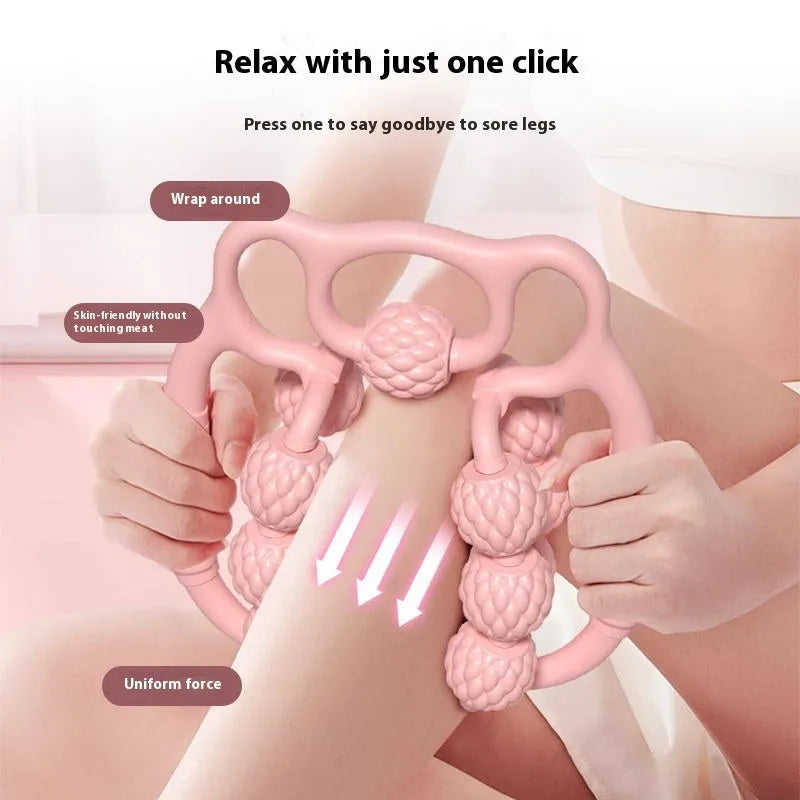 Double row ring clip leg massager in pink, green, or purple with ten three rounds massage rollers