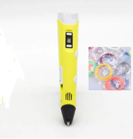 Yellow 3D printing pen with 12 colour PLA filament spools and UK power adapter on a white background